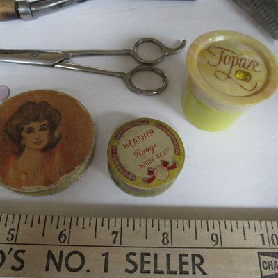Vintage Dresser Items, Old Curling Iron, Old Rouge Tin, More
