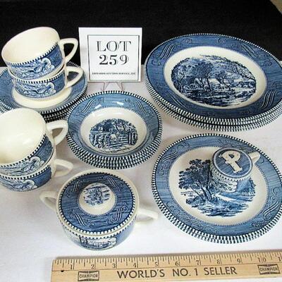 Set of 4 Currier and Ives Dinner Plates, Bowls, Cup/Saucers and Extras