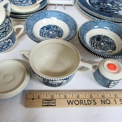 Set of 4 Currier and Ives Dinner Plates, Bowls, Cup/Saucers and Extras