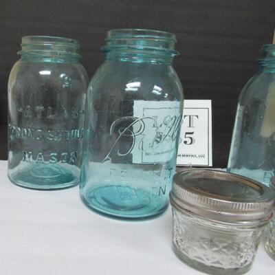 4 Old Teal Canning Jars and 2 Small clear Jars