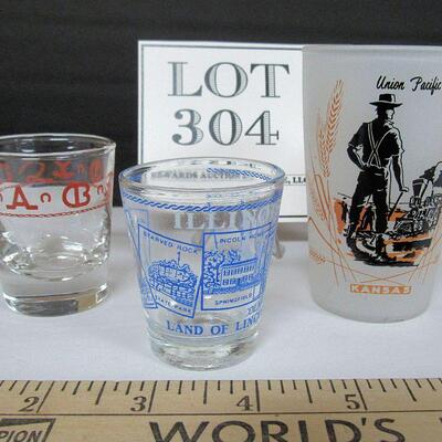 Union Pacific Rail Road Tumbler, Illinois Shot Glass, and Libbey Westward Ho Ranch Shot Glass