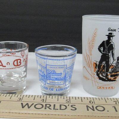 Union Pacific Rail Road Tumbler, Illinois Shot Glass, and Libbey Westward Ho Ranch Shot Glass