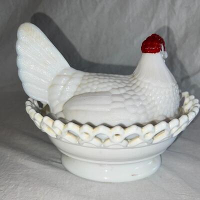 White Milk Glass Chicken Hen Lidded Dish