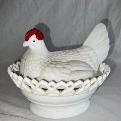 White Milk Glass Chicken Hen Lidded Dish