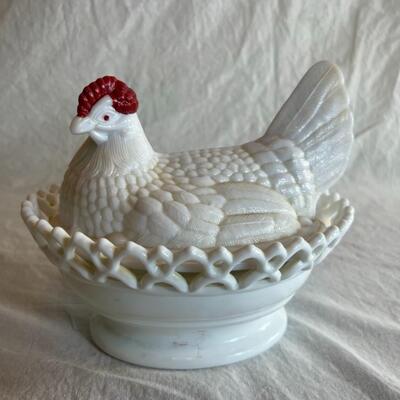 White Milk Glass Chicken Hen Lidded Dish