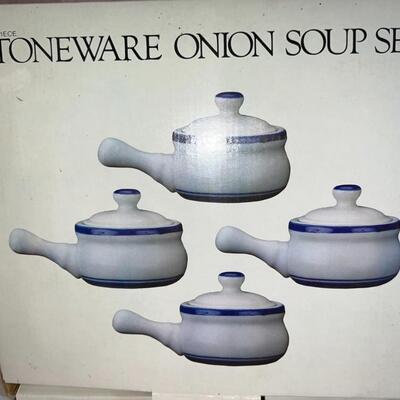2 Stoneware Condiment and Onion Soup Set New In Boxes