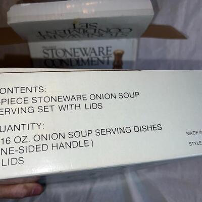 2 Stoneware Condiment and Onion Soup Set New In Boxes
