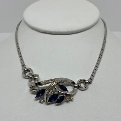 LOTJ22:  Trifari Pat.Pend. Vintage Silver Tone Necklace with Marquis cut Blue Stones, one missing