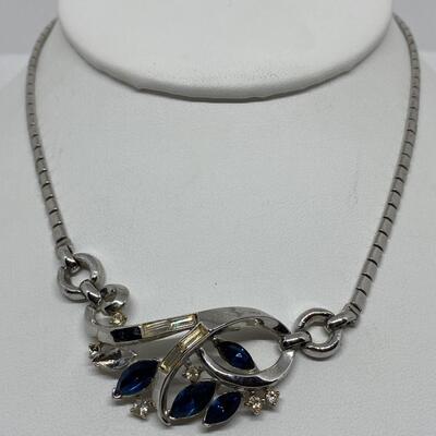 LOTJ22:  Trifari Pat.Pend. Vintage Silver Tone Necklace with Marquis cut Blue Stones, one missing