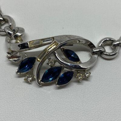 LOTJ22:  Trifari Pat.Pend. Vintage Silver Tone Necklace with Marquis cut Blue Stones, one missing