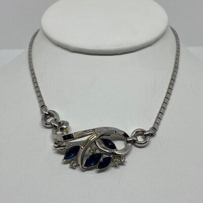 LOTJ22:  Trifari Pat.Pend. Vintage Silver Tone Necklace with Marquis cut Blue Stones, one missing