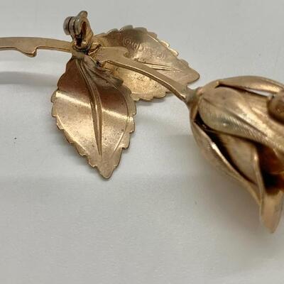 LOTJ38: Two Vintage Goldtone Brooches: The Giovanni Rose and Vintage "Crown" Trifari circular leaf and  faux pearl