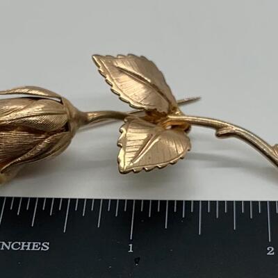 LOTJ38: Two Vintage Goldtone Brooches: The Giovanni Rose and Vintage "Crown" Trifari circular leaf and  faux pearl