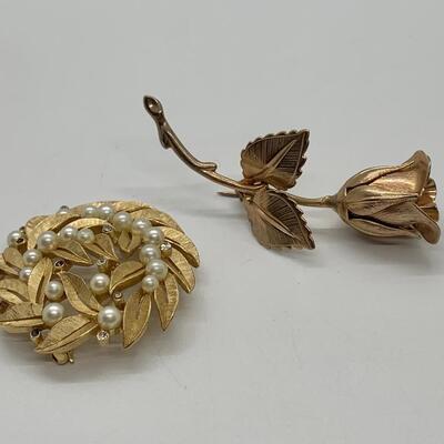 LOTJ38: Two Vintage Goldtone Brooches: The Giovanni Rose and Vintage "Crown" Trifari circular leaf and  faux pearl