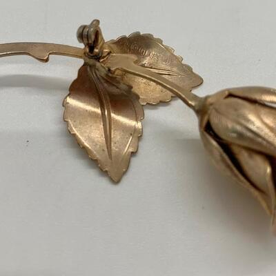 LOTJ38: Two Vintage Goldtone Brooches: The Giovanni Rose and Vintage "Crown" Trifari circular leaf and  faux pearl
