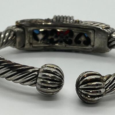 LOTJ86: Designer Mexico Silvertone Hinged Cuff Bracelet with Red and Blue CZs