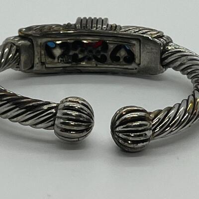 LOTJ86: Designer Mexico Silvertone Hinged Cuff Bracelet with Red and Blue CZs