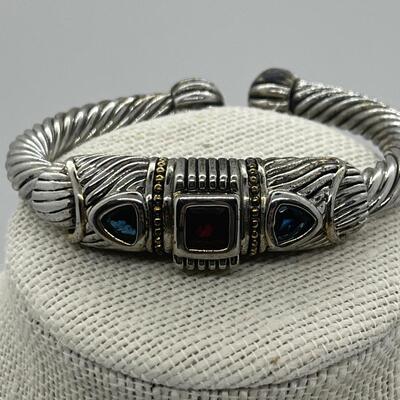 LOTJ86: Designer Mexico Silvertone Hinged Cuff Bracelet with Red and Blue CZs