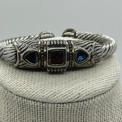 LOTJ86: Designer Mexico Silvertone Hinged Cuff Bracelet with Red and Blue CZs