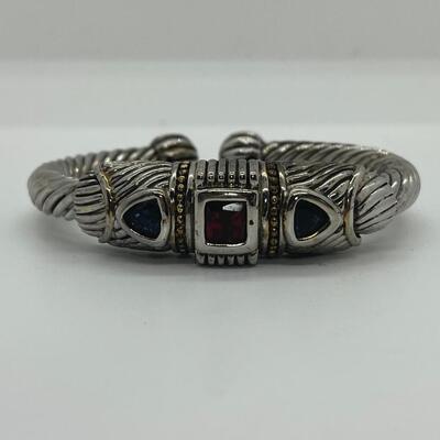 LOTJ86: Designer Mexico Silvertone Hinged Cuff Bracelet with Red and Blue CZs