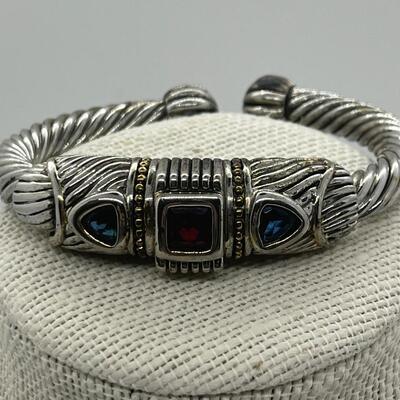 LOTJ86: Designer Mexico Silvertone Hinged Cuff Bracelet with Red and Blue CZs
