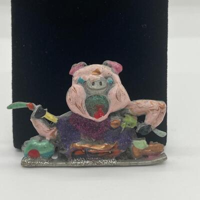 LOTJ96: JJ Signed Enamel Feasting Pig Brooch