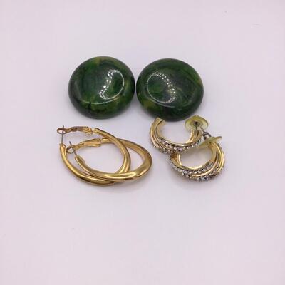 LOTJ154: Three Pair Fashion Earrings Green Plastic, Goldtone, Rhinestones
