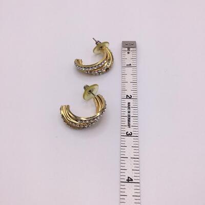 LOTJ154: Three Pair Fashion Earrings Green Plastic, Goldtone, Rhinestones