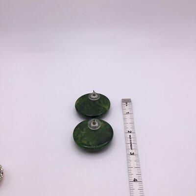 LOTJ154: Three Pair Fashion Earrings Green Plastic, Goldtone, Rhinestones