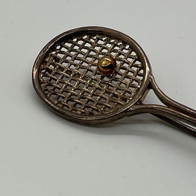 LOTJ166: Sterling Silver Vintage Tennis Racket Brooch with Gold Vermeil Ball Clean it to a silver shine or wear with Vintage Patina