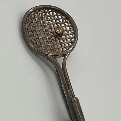 LOTJ166: Sterling Silver Vintage Tennis Racket Brooch with Gold Vermeil Ball Clean it to a silver shine or wear with Vintage Patina