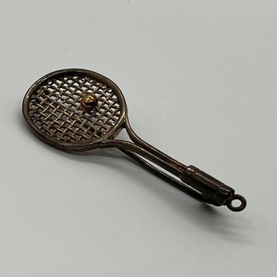 LOTJ166: Sterling Silver Vintage Tennis Racket Brooch with Gold Vermeil Ball Clean it to a silver shine or wear with Vintage Patina