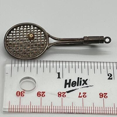LOTJ166: Sterling Silver Vintage Tennis Racket Brooch with Gold Vermeil Ball Clean it to a silver shine or wear with Vintage Patina