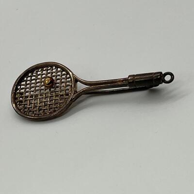 LOTJ166: Sterling Silver Vintage Tennis Racket Brooch with Gold Vermeil Ball Clean it to a silver shine or wear with Vintage Patina