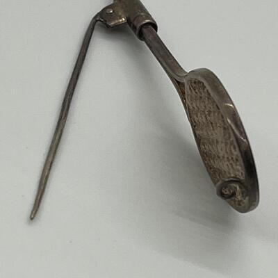 LOTJ166: Sterling Silver Vintage Tennis Racket Brooch with Gold Vermeil Ball Clean it to a silver shine or wear with Vintage Patina