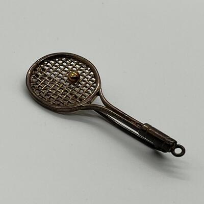 LOTJ166: Sterling Silver Vintage Tennis Racket Brooch with Gold Vermeil Ball Clean it to a silver shine or wear with Vintage Patina