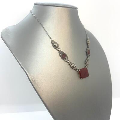 LOT:5: Antique/Vintage  Sterling Silver Cinnabar Statement Necklace 16â€ long