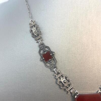 LOT:5: Antique/Vintage  Sterling Silver Cinnabar Statement Necklace 16â€ long