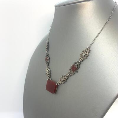 LOT:5: Antique/Vintage  Sterling Silver Cinnabar Statement Necklace 16â€ long