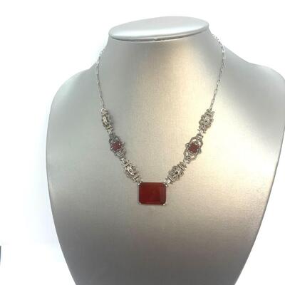 LOT:5: Antique/Vintage  Sterling Silver Cinnabar Statement Necklace 16â€ long