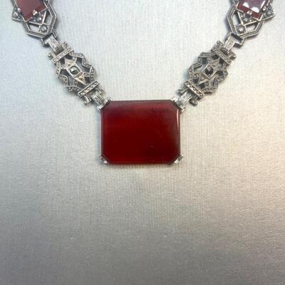 LOT:5: Antique/Vintage  Sterling Silver Cinnabar Statement Necklace 16â€ long