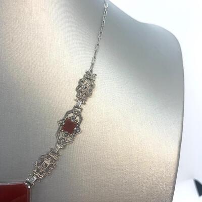 LOT:5: Antique/Vintage  Sterling Silver Cinnabar Statement Necklace 16â€ long