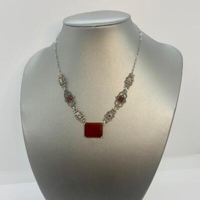 LOT:5: Antique/Vintage  Sterling Silver Cinnabar Statement Necklace 16â€ long
