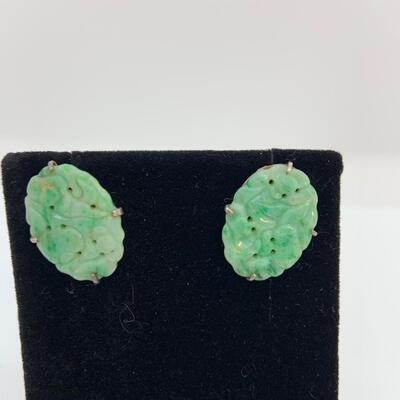 LOT:10: Vintage Carved Oval Green Jade Pierced Earrings stamped sterling