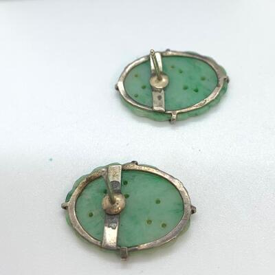 LOT:10: Vintage Carved Oval Green Jade Pierced Earrings stamped sterling