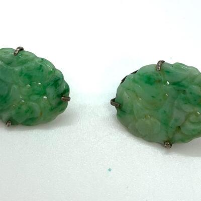 LOT:10: Vintage Carved Oval Green Jade Pierced Earrings stamped sterling