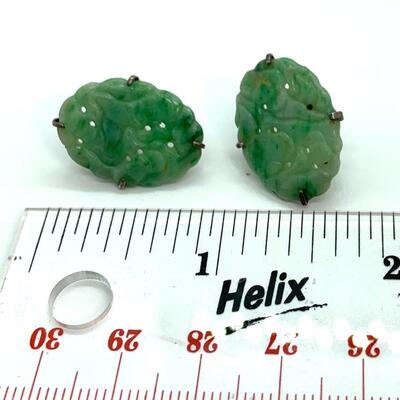 LOT:10: Vintage Carved Oval Green Jade Pierced Earrings stamped sterling