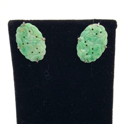 LOT:10: Vintage Carved Oval Green Jade Pierced Earrings stamped sterling
