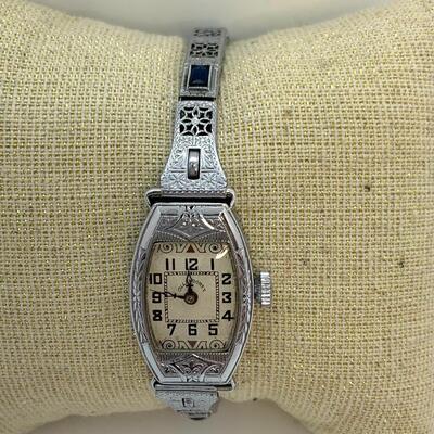 LOT:14: Antique Ollendoraff Ladyâ€™s Wristwatch fillagree band inset Blue Gem
