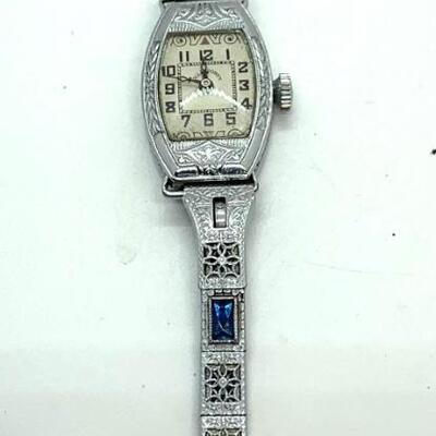 LOT:14: Antique Ollendoraff Ladyâ€™s Wristwatch fillagree band inset Blue Gem
